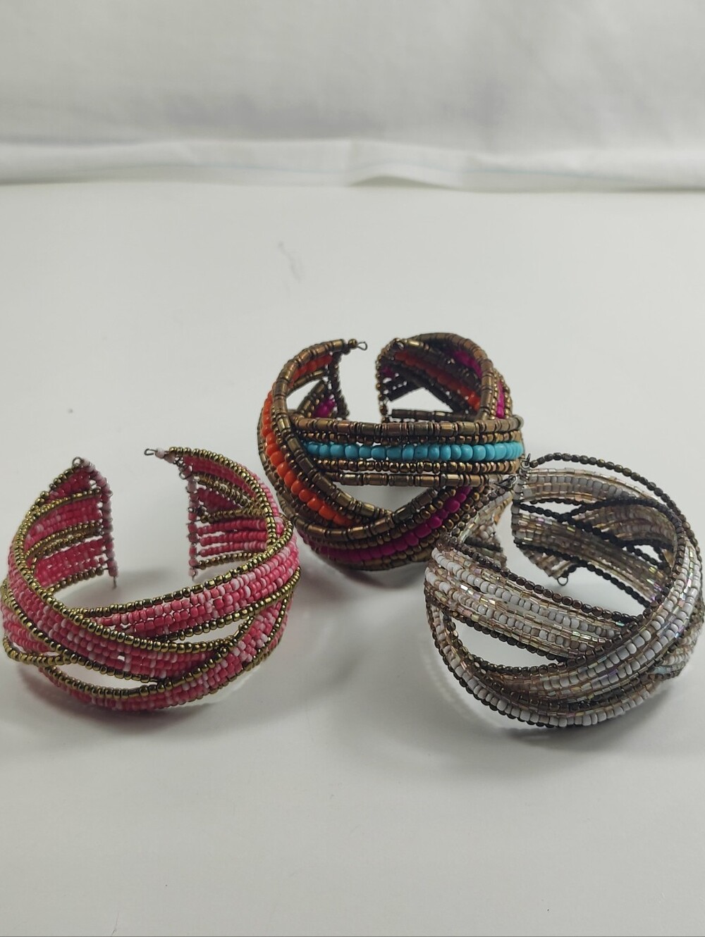 Boho Seed Bead Memory Wire Bracelet Trio Set Pink Ivory Bronze Multi-strand